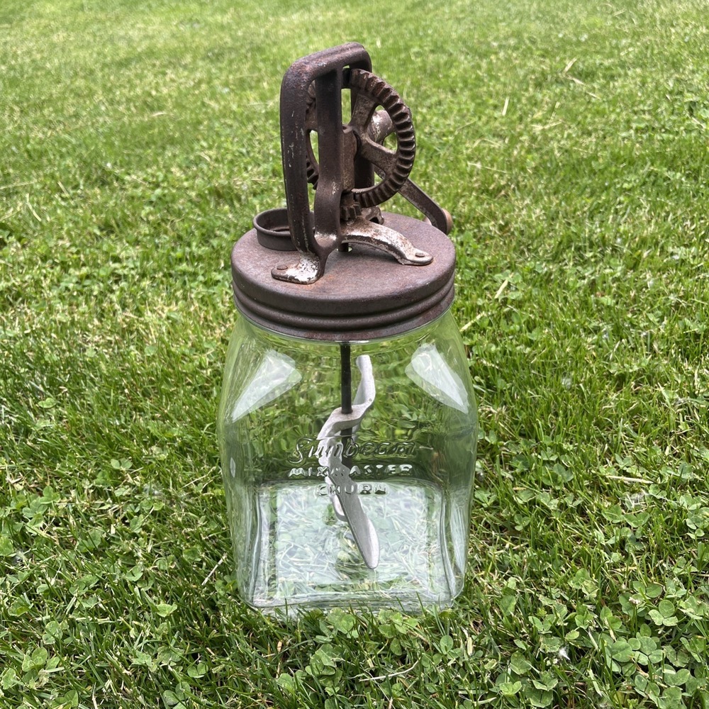 Vintage Glass Sunbeam Mixmaster Butter‎ Churn w/ Metal Paddles